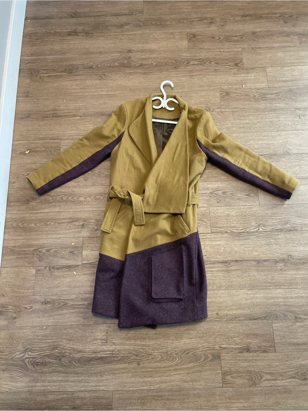 Made by Canadian designer - Wool Two-Tone Olive and Plum Belted Women's Coat